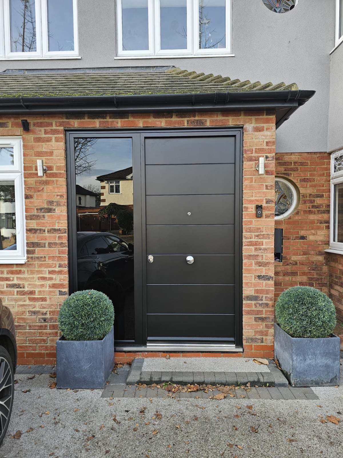 Black contemporary ribbed steel door with topiary