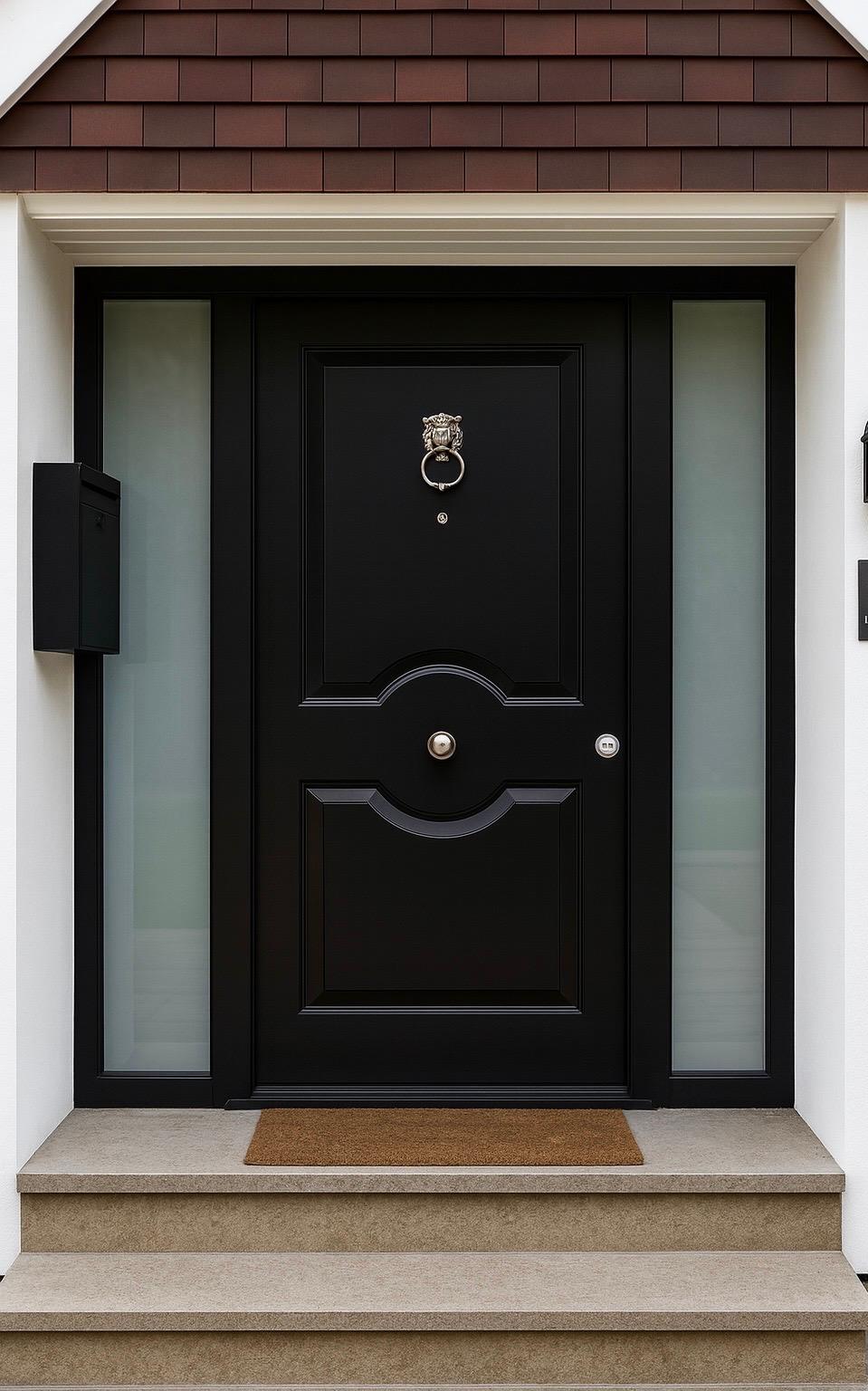 Black ornate steel door with lion knocker and gable