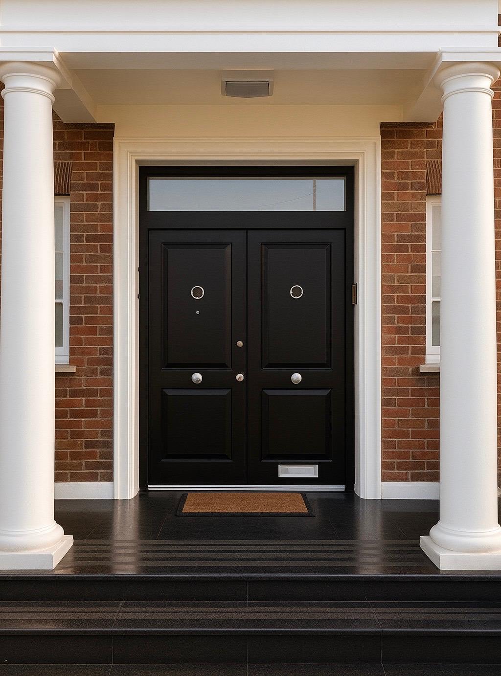 Black traditional double steel doors with columns