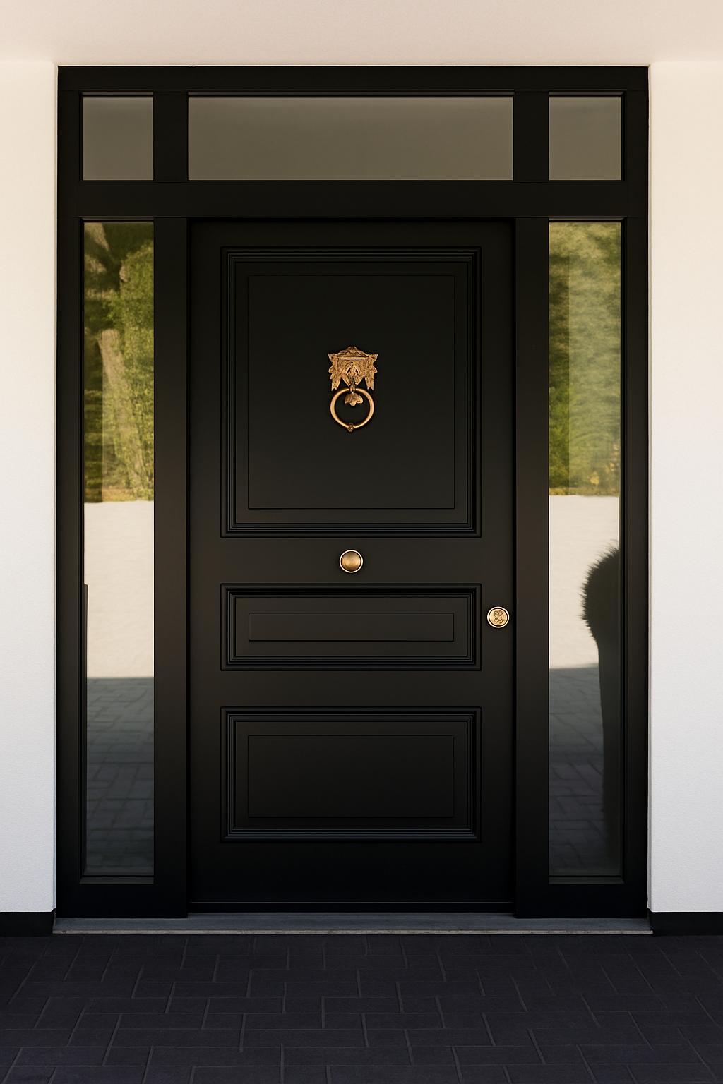 Black traditional steel door with lion knocker sidelights and garden