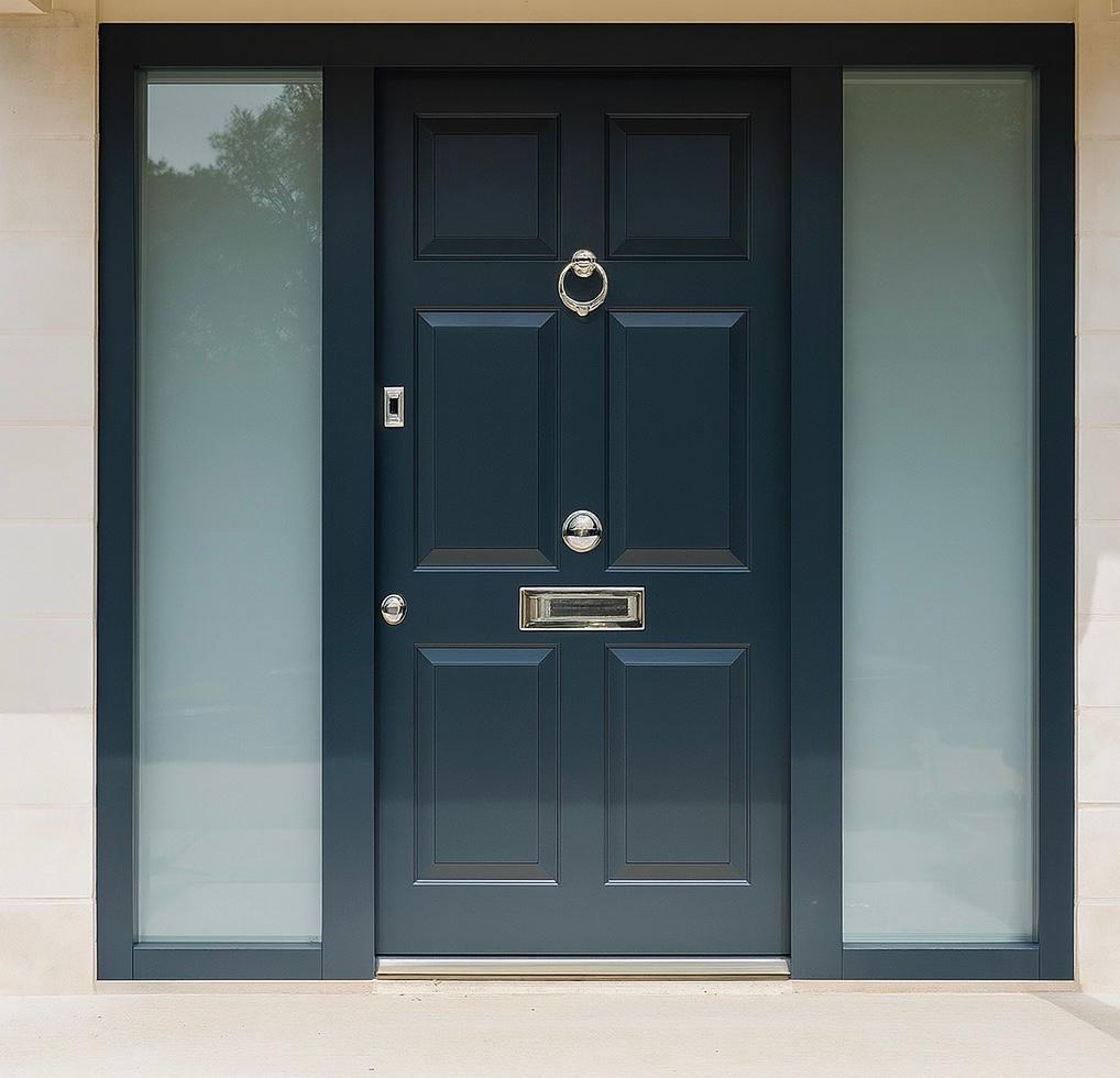 Navy panelled steel door with chrome hardware and frosted glass panels