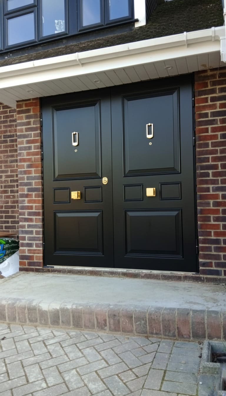 Black panelled double steel door with letterbox