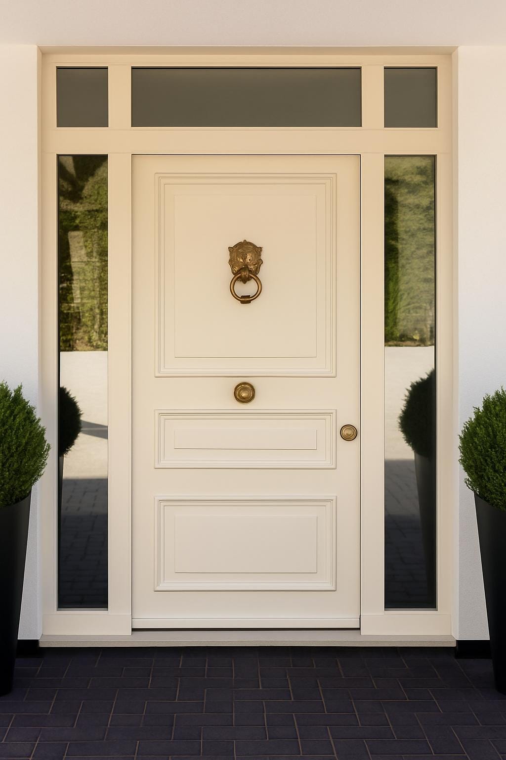 Cream traditional steel door with topiary