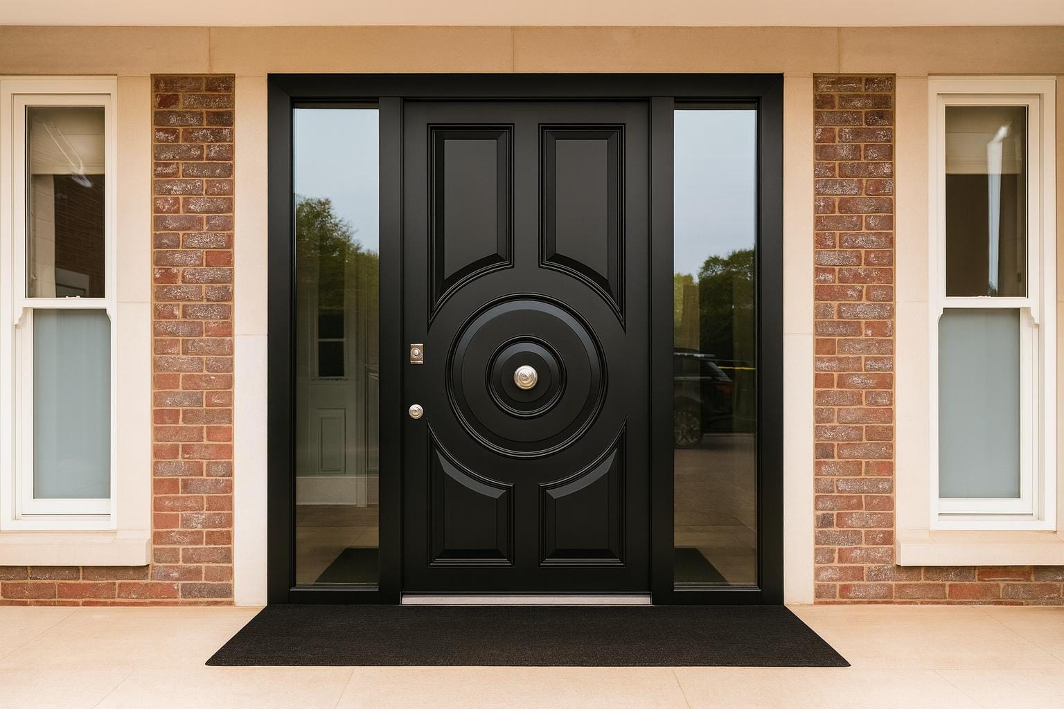 Black ornate steel entrance door with medallion and sidelights set in stone surround